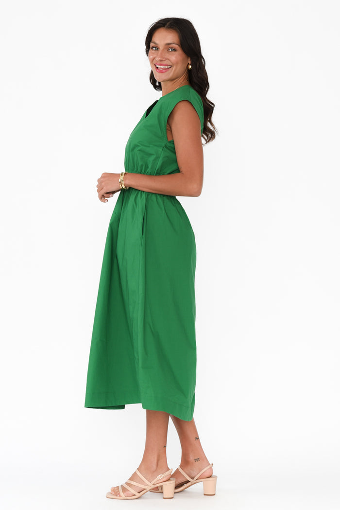 Nelly Green Cotton Midi Dress,Brunette model,alt text|model:Brontie