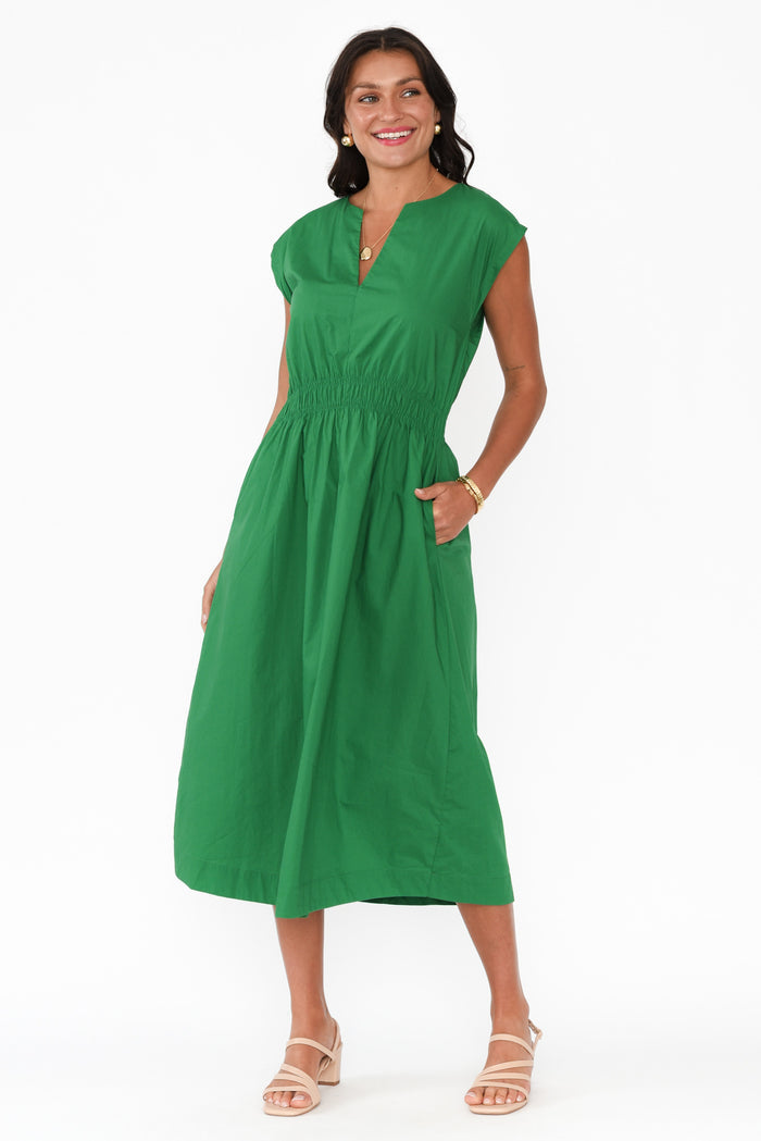 Nelly Green Cotton Midi Dress,Brunette model,alt text|model:Brontie