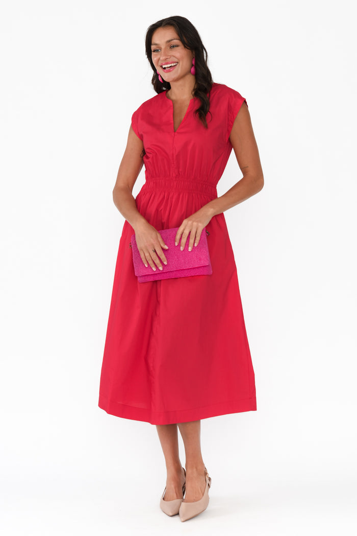 Nelly Red Cotton Midi Dress,Brunette model,alt text|model:Brontie