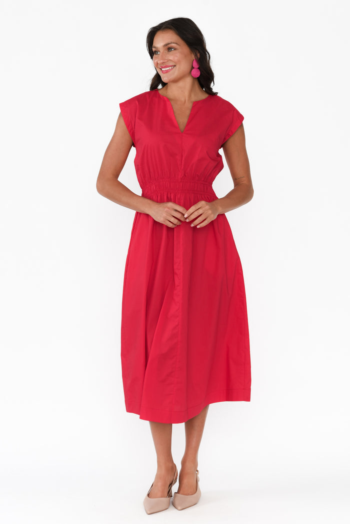 Nelly Red Cotton Midi Dress,Brunette model,alt text|model:Brontie