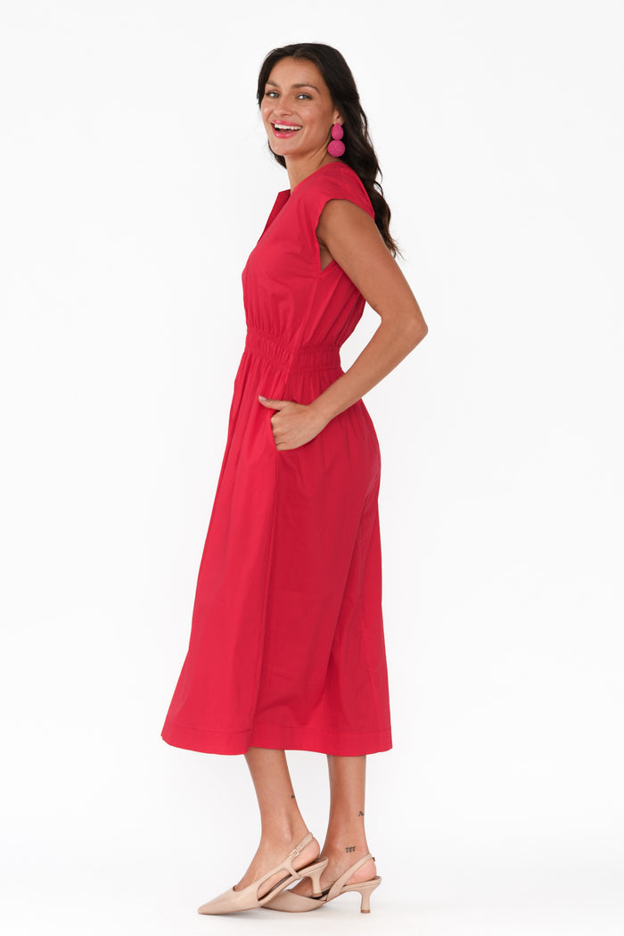Nelly Red Cotton Midi Dress,Brunette model,alt text|model:Brontie
