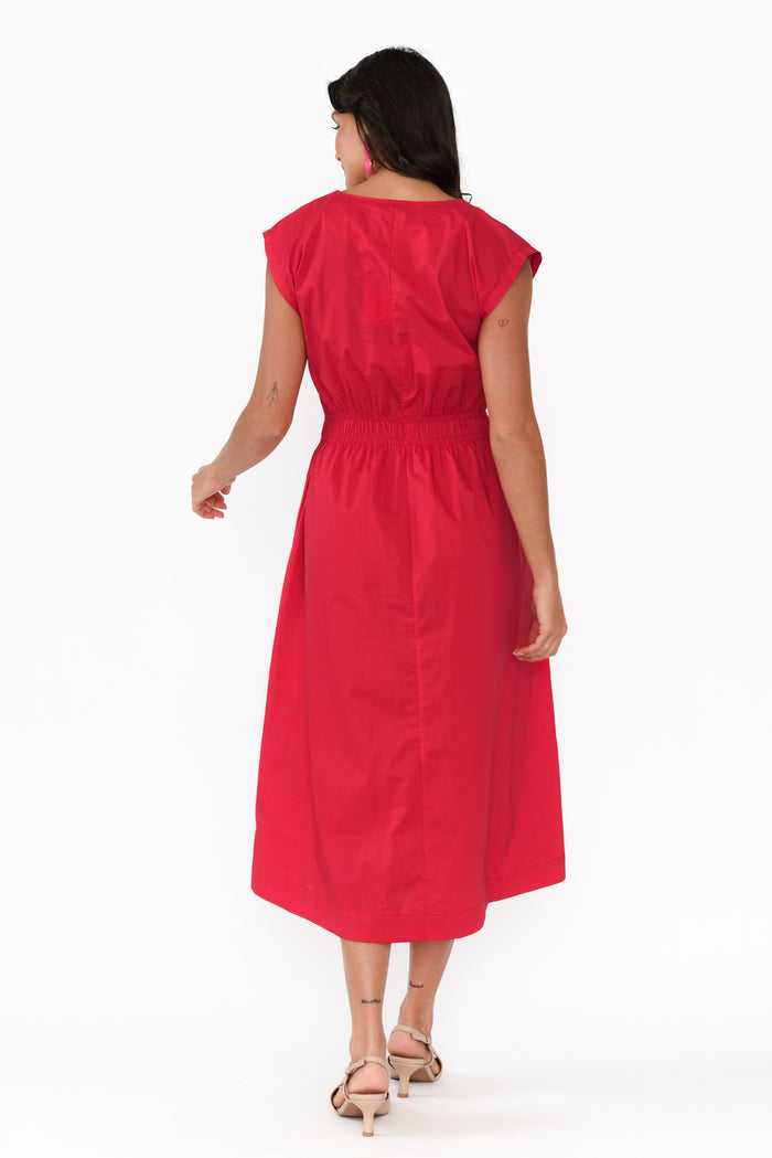 Nelly Red Cotton Midi Dress,Brunette model,alt text|model:Brontie