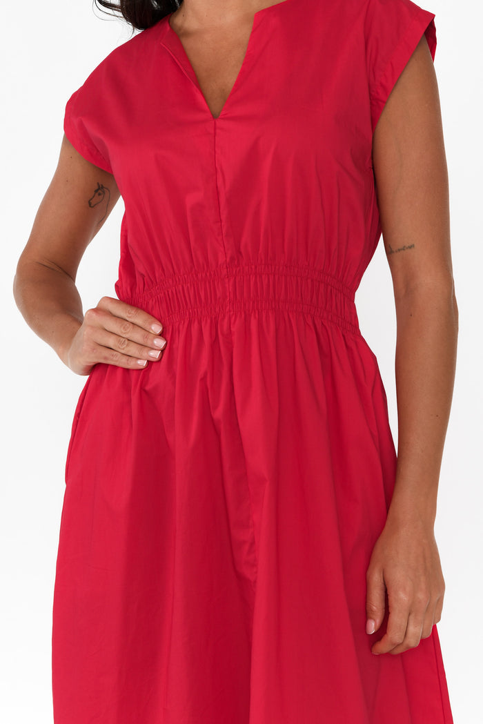 Nelly Red Cotton Midi Dress,Brunette model,alt text|model:Brontie