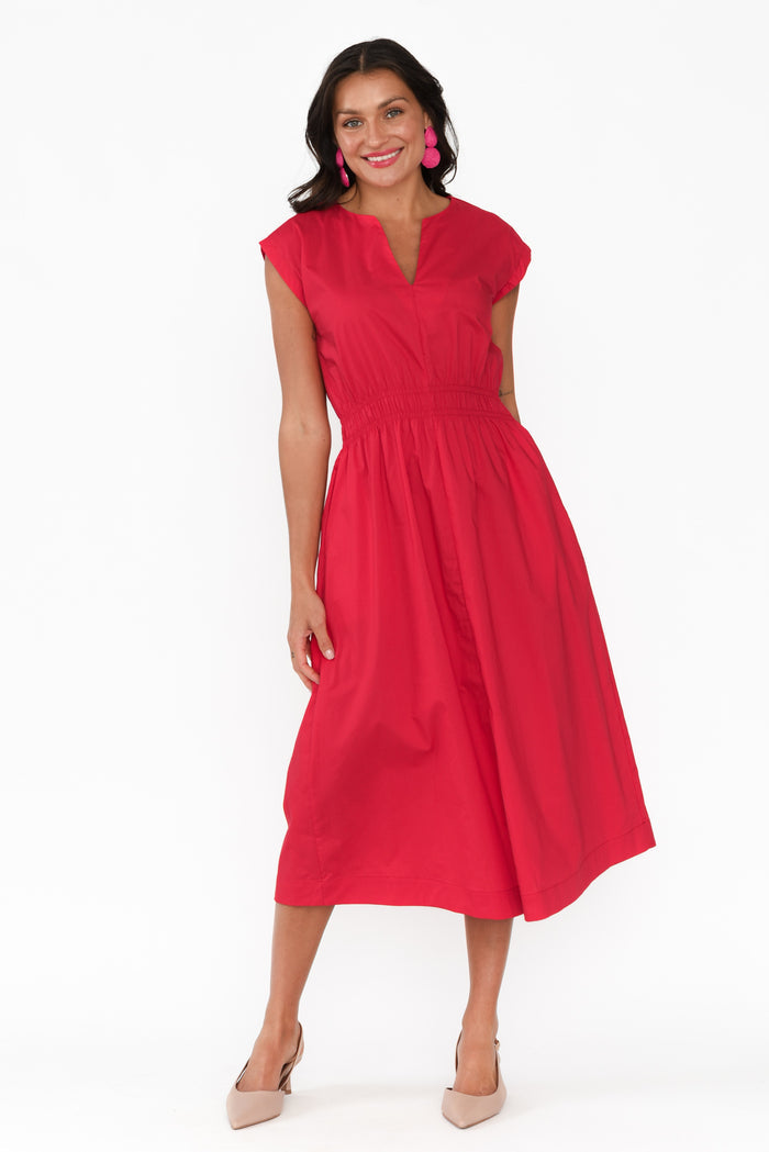Nelly Red Cotton Midi Dress,Brunette model,alt text|model:Brontie