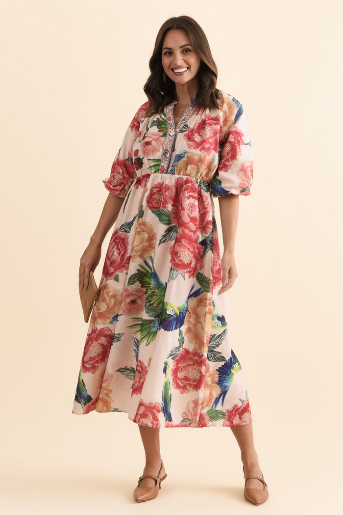 Nesmae Red Floral Tie Dress,Brunette model,alt text|model:MJ