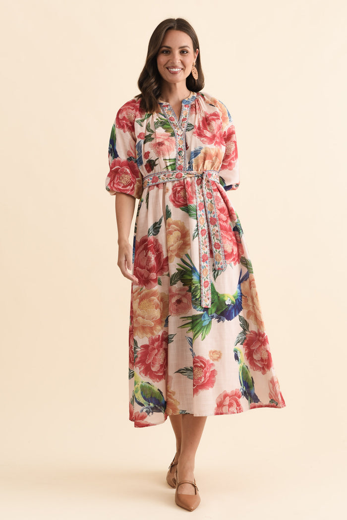 Nesmae Red Floral Tie Dress,Brunette model,alt text|model:MJ
