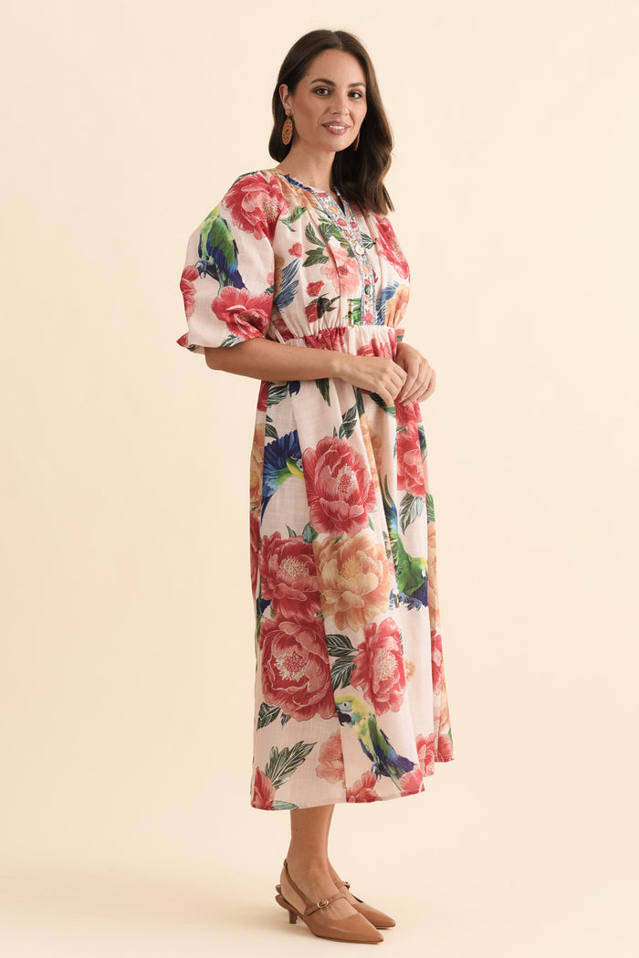Nesmae Red Floral Tie Dress,Brunette model,alt text|model:MJ