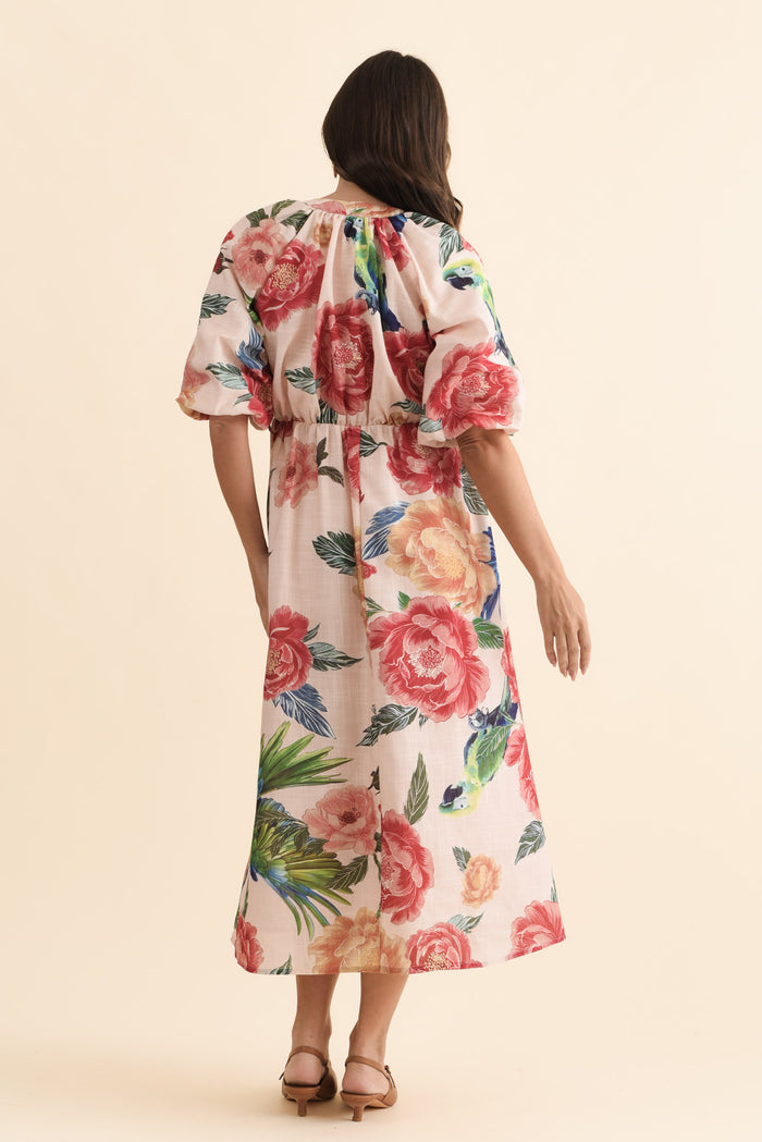 Nesmae Red Floral Tie Dress,Brunette model,alt text|model:MJ