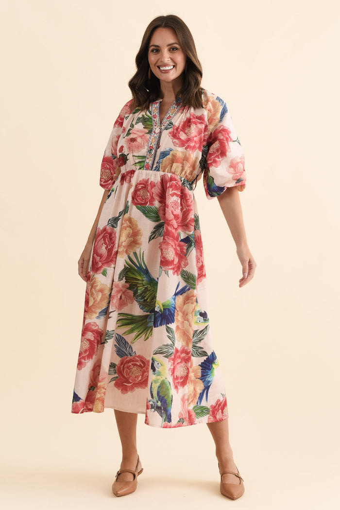 Nesmae Red Floral Tie Dress,Brunette model,alt text|model:MJ