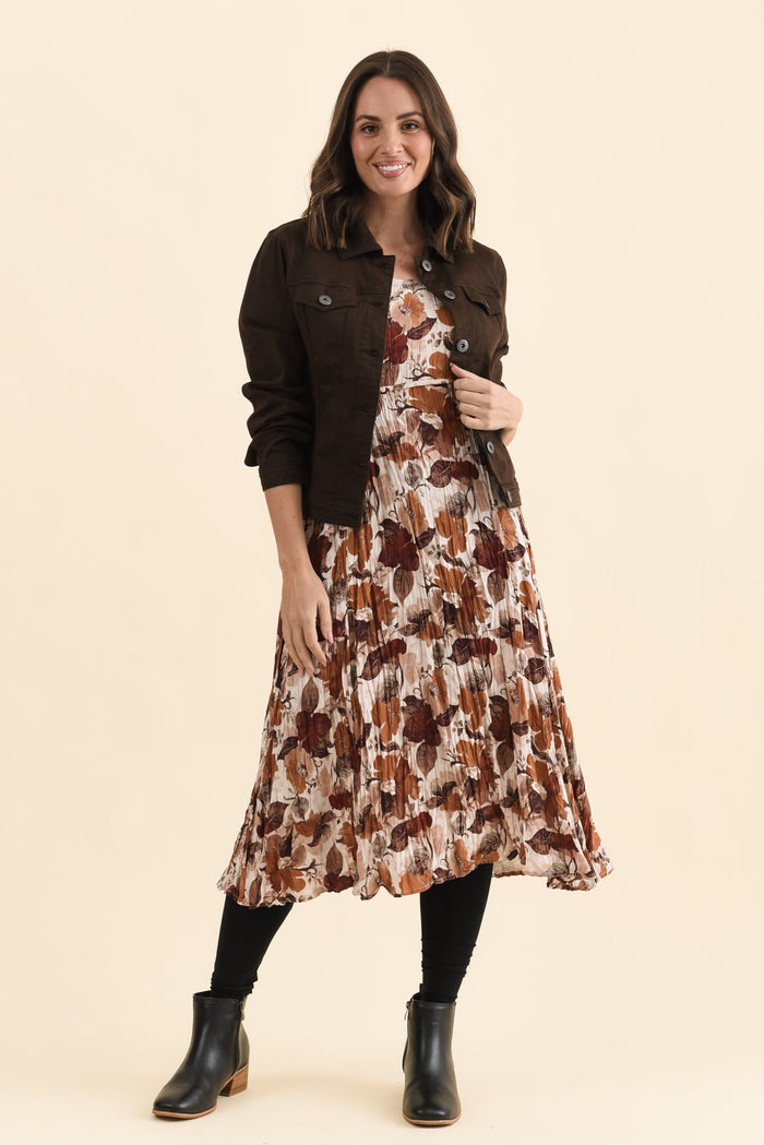 Nessa Brown Flower Crescent Dress,Front,Brunette model,alt text|model:MJ