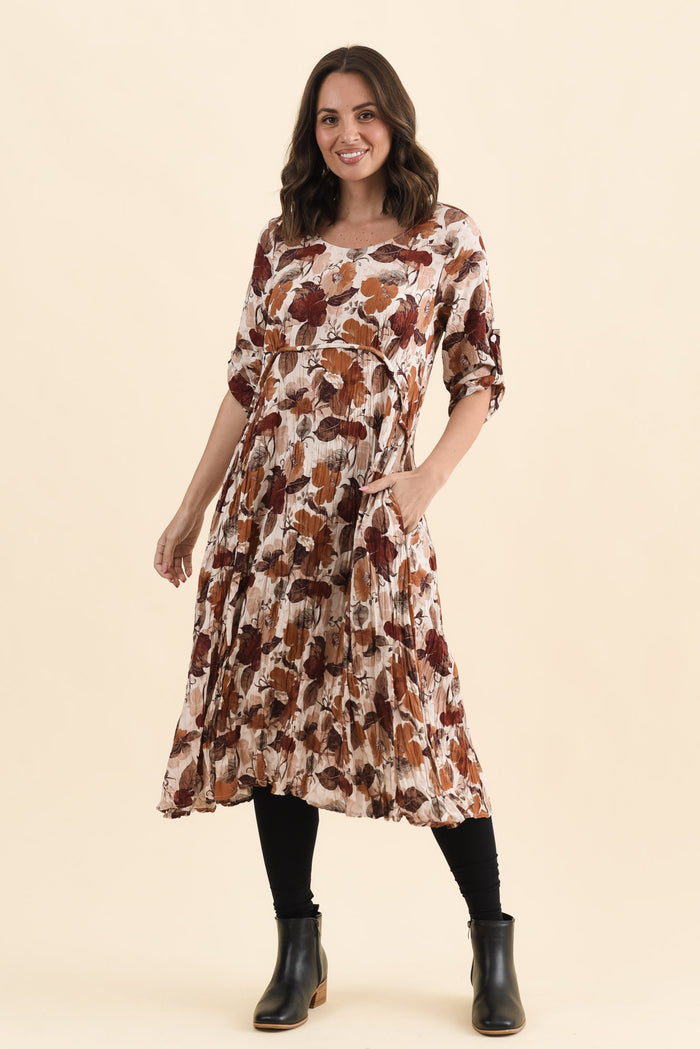 Nessa Brown Flower Crescent Dress,Full Body,Brunette model,alt text|model:MJ