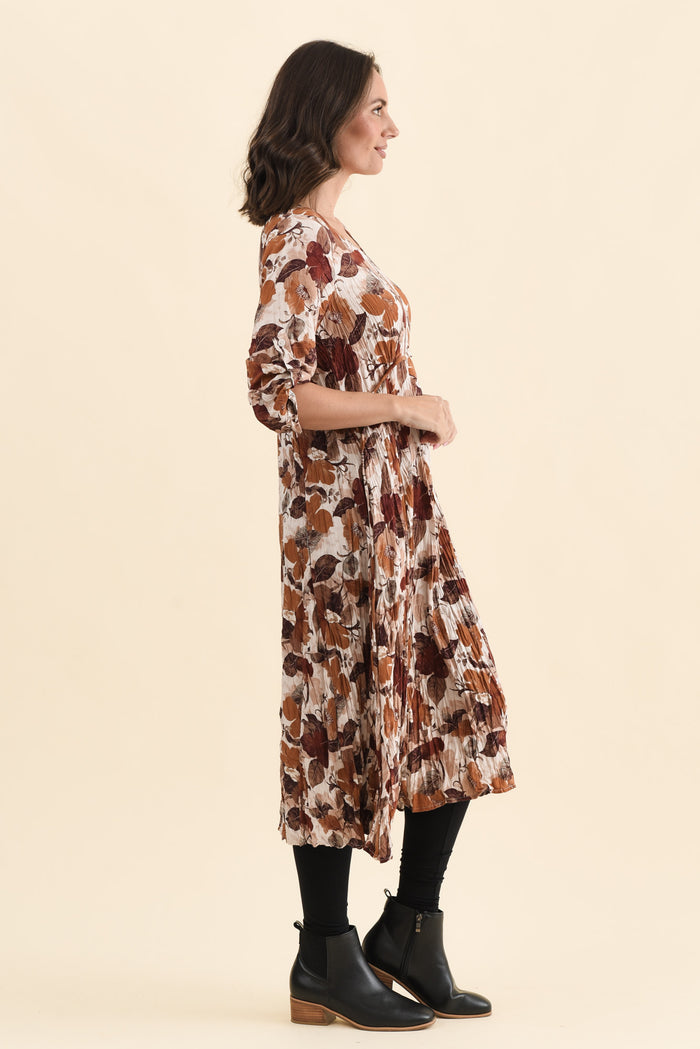Nessa Brown Flower Crescent Dress,Side,Brunette model,alt text|model:MJ