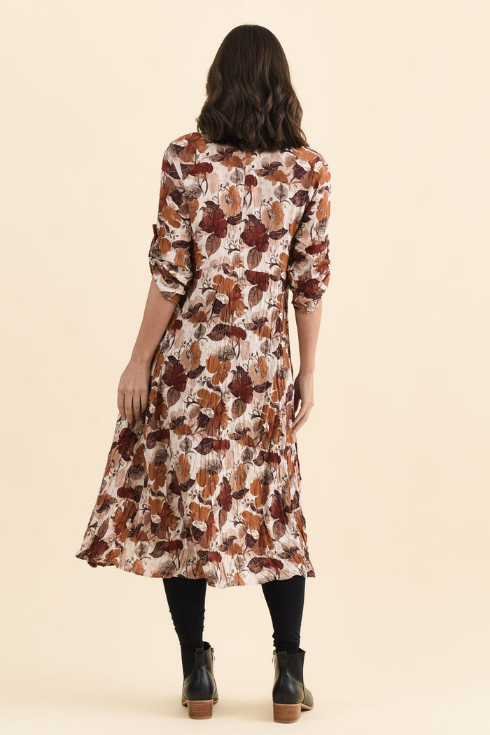 Nessa Brown Flower Crescent Dress,Back,Brunette model,alt text|model:MJ