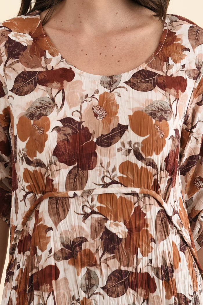 Nessa Brown Flower Crescent Dress,Detail,Brunette model,alt text|model:MJ