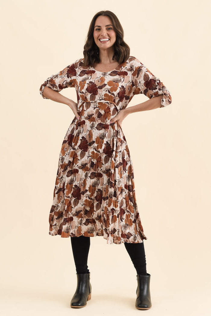 Nessa Brown Flower Crescent Dress,Full Body,Brunette model,alt text|model:MJ