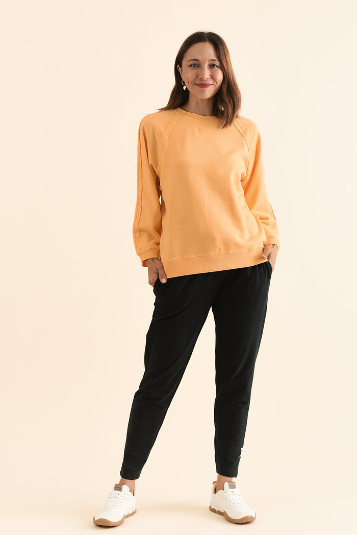 Nessa Peach Cotton Frayed Sweatshirt,Full Body,Brunette model,alt text|model:Cara