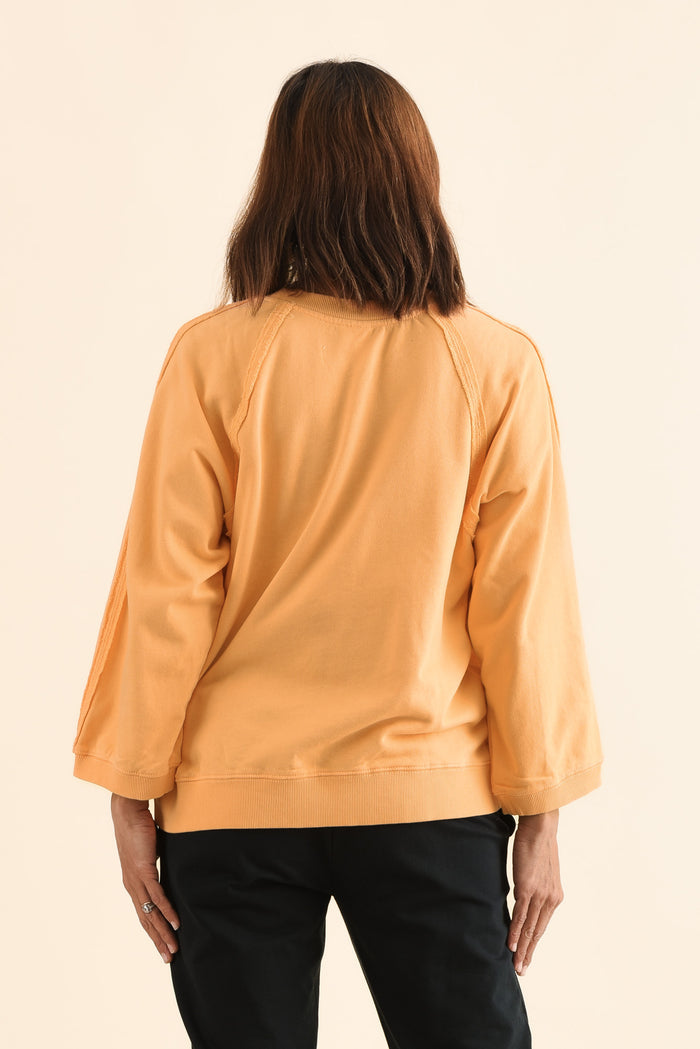 Nessa Peach Cotton Frayed Sweatshirt,Back,Brunette model,alt text|model:Cara