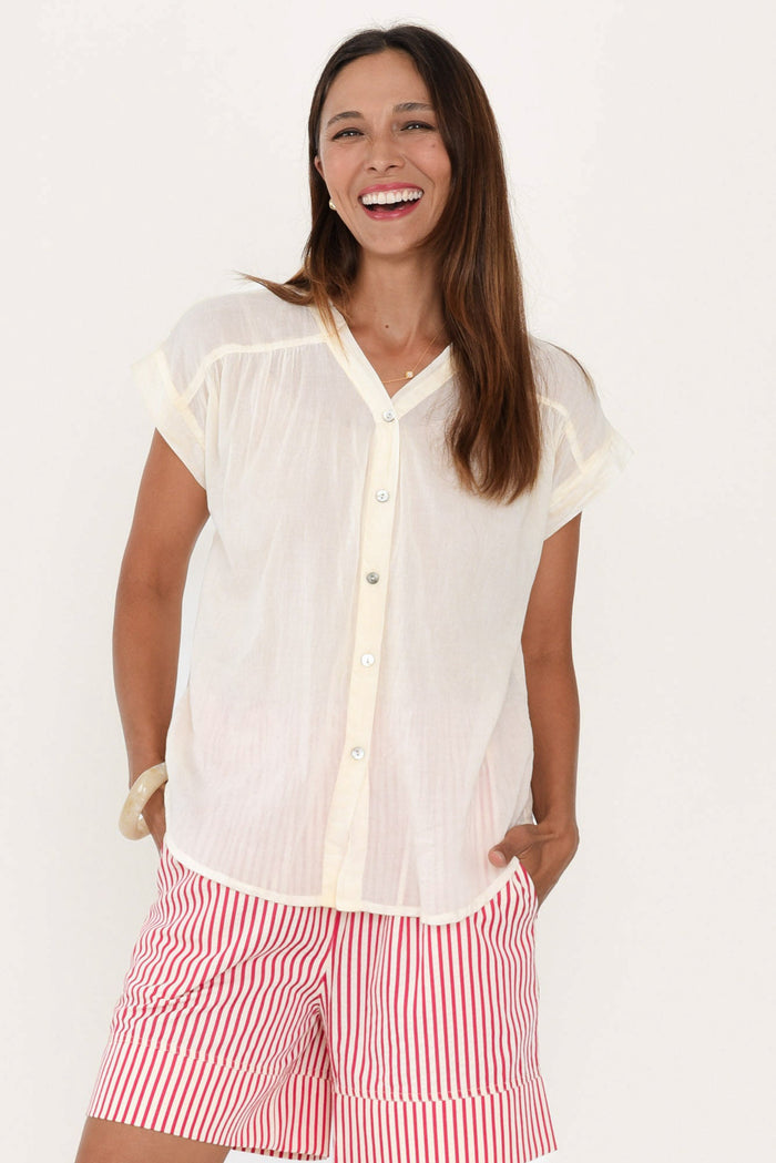 Nevada White Cotton Button Top,Brunette model,alt text|model:Cara