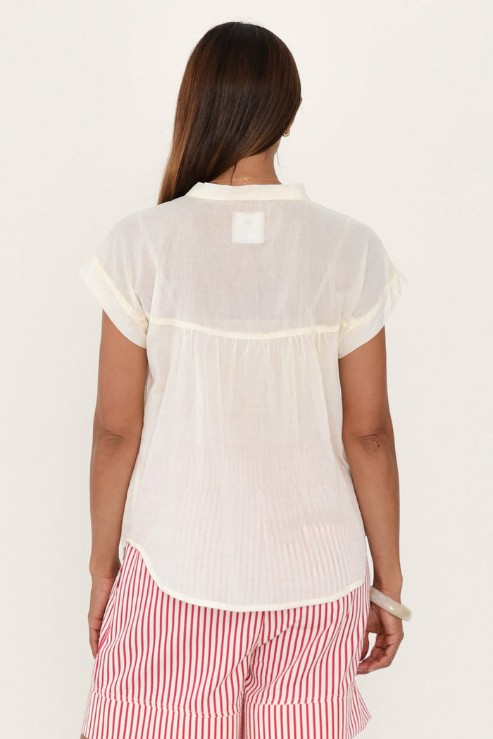 Nevada White Cotton Button Top,Brunette model,alt text|model:Cara