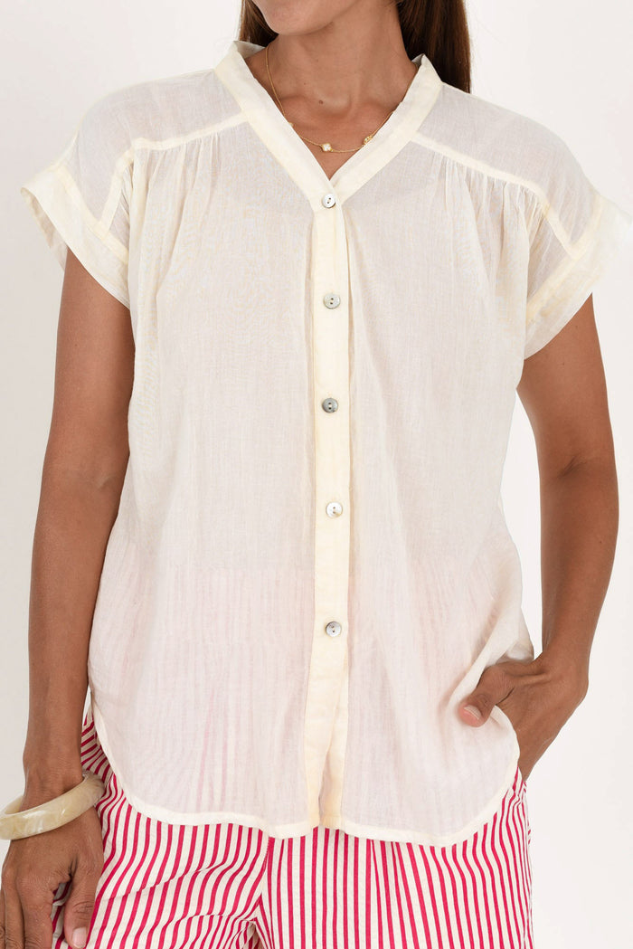 Nevada White Cotton Button Top,Brunette model,alt text|model:Cara