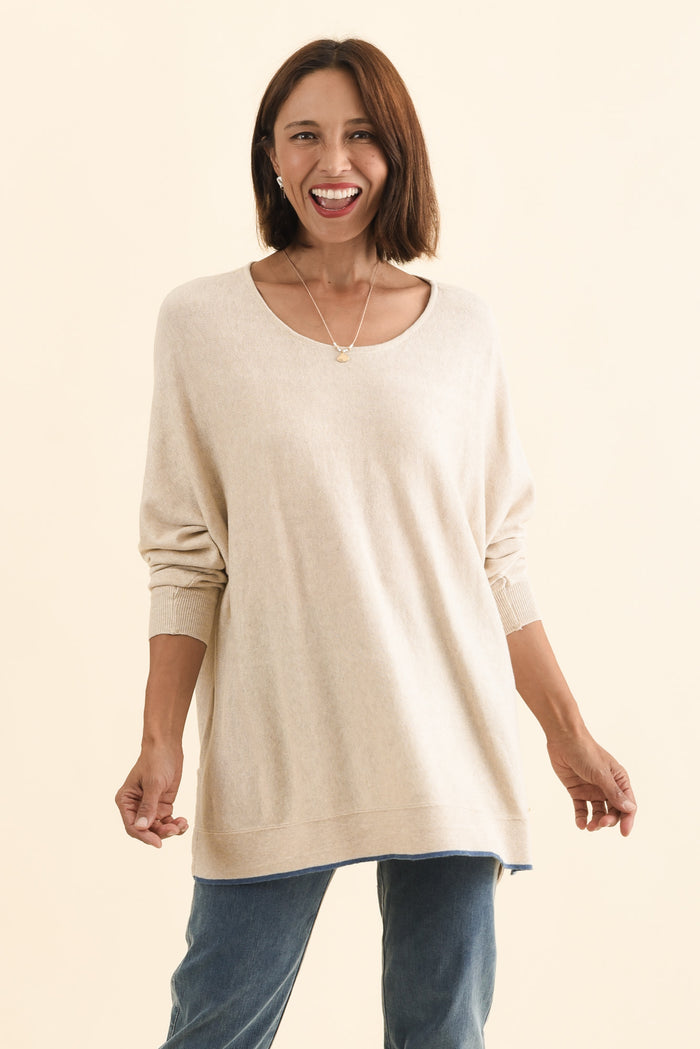 Nick Beige Organic Cotton Knit Jumper,Brunette model,alt text|model:Cara