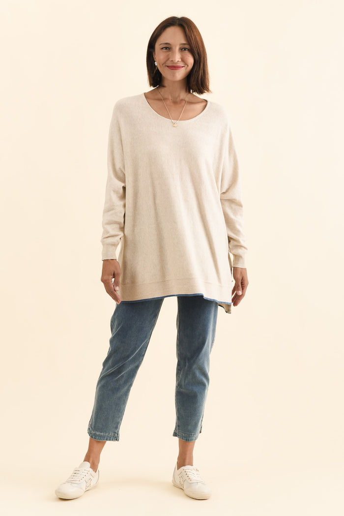 Nick Beige Organic Cotton Knit Jumper,Brunette model,alt text|model:Cara