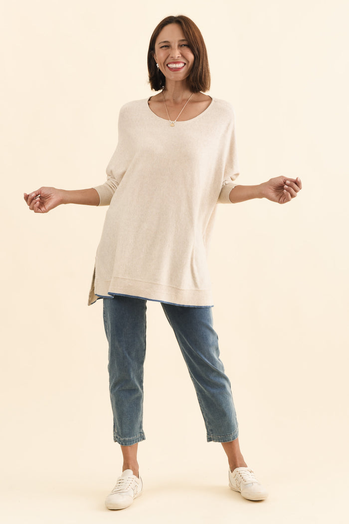 Nick Beige Organic Cotton Knit Jumper,Brunette model,alt text|model:Cara