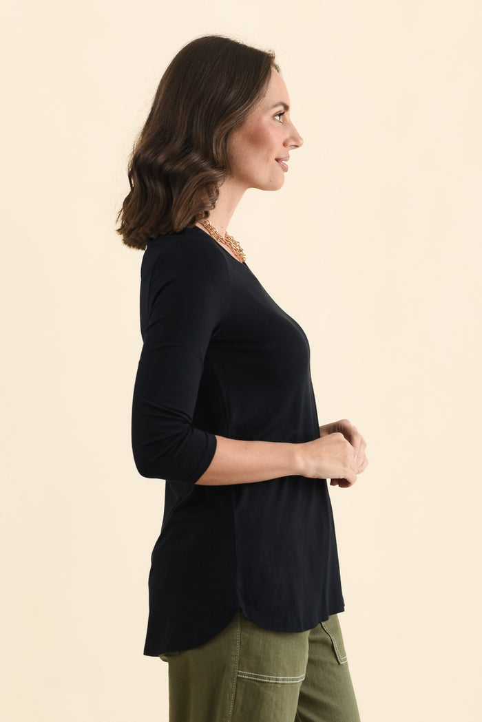 Nicky Black 3/4 Sleeve Top,Side,Brunette model,alt text|model:MJ