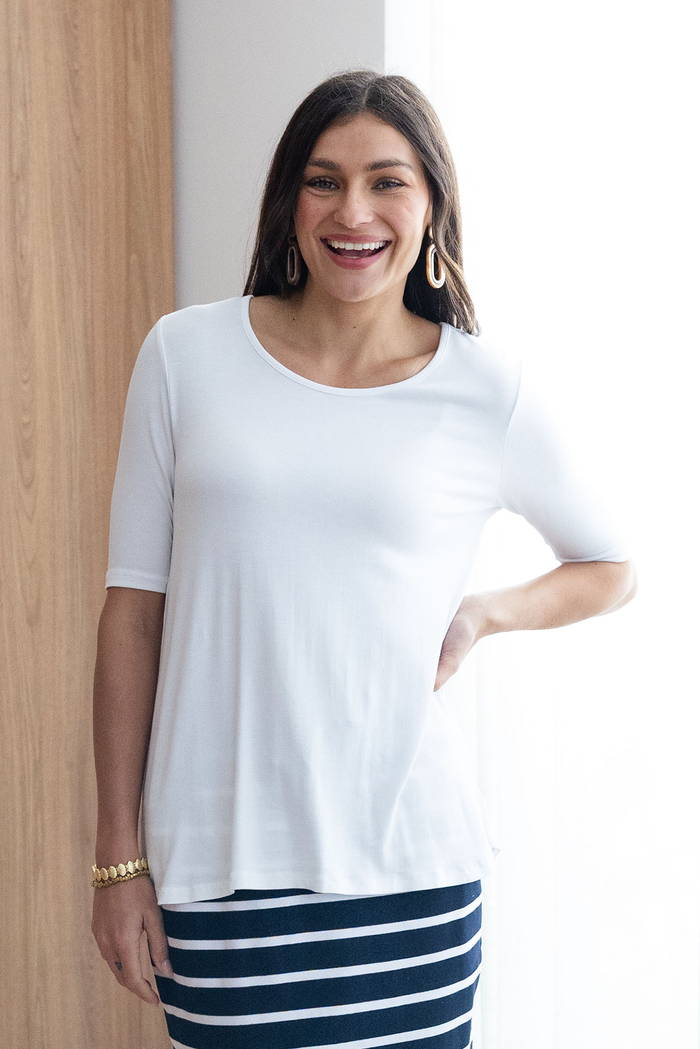 Nicky White Half Sleeve Top, Brunette model, Lifestyle