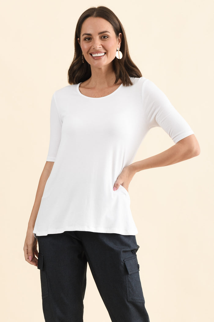 Nicky White Half Sleeve Top,Front,Brunette model,alt text|model:MJ