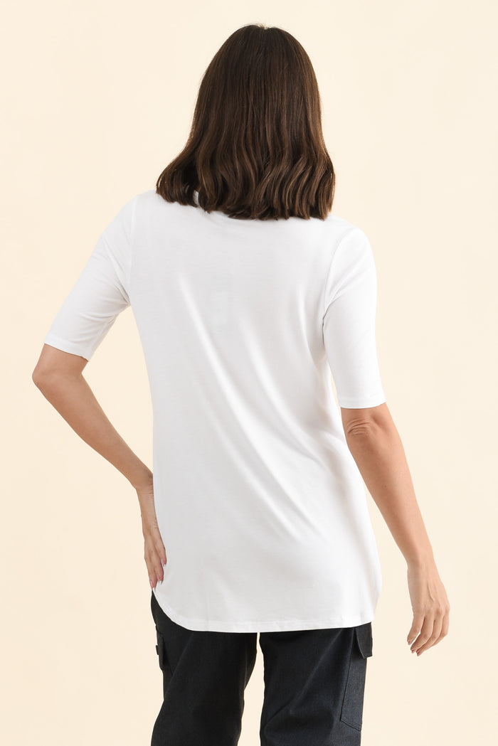 Nicky White Half Sleeve Top,Back,Brunette model,alt text|model:MJ