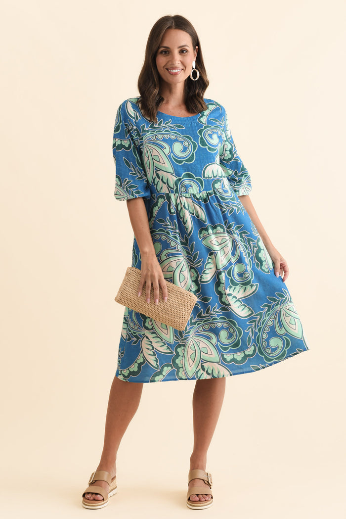 Nicolette Blue Paisley Cotton Blend Sleeved Dress,Brunette model,alt text|model:MJ