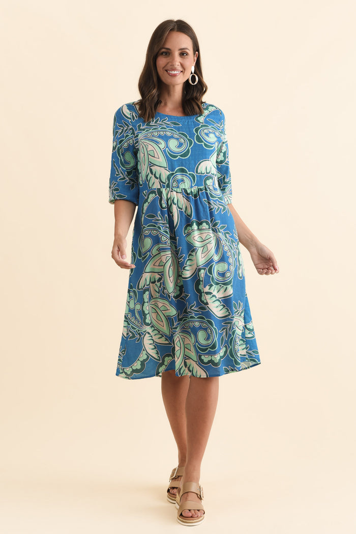 Nicolette Blue Paisley Cotton Blend Sleeved Dress,Brunette model,alt text|model:MJ