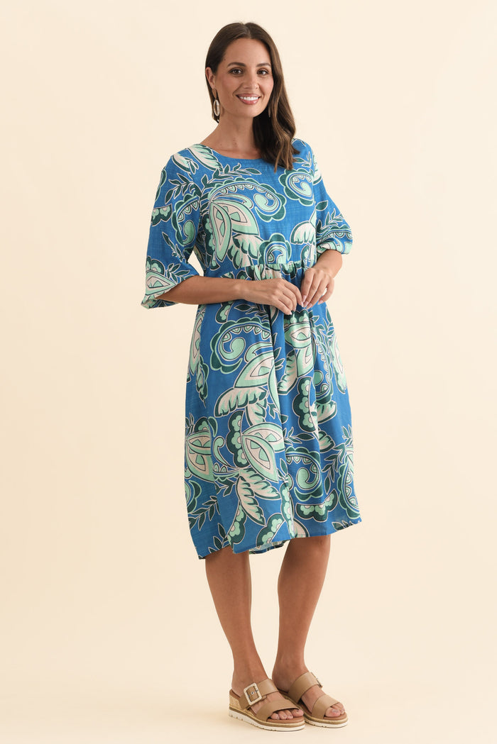 Nicolette Blue Paisley Cotton Blend Sleeved Dress,Brunette model,alt text|model:MJ