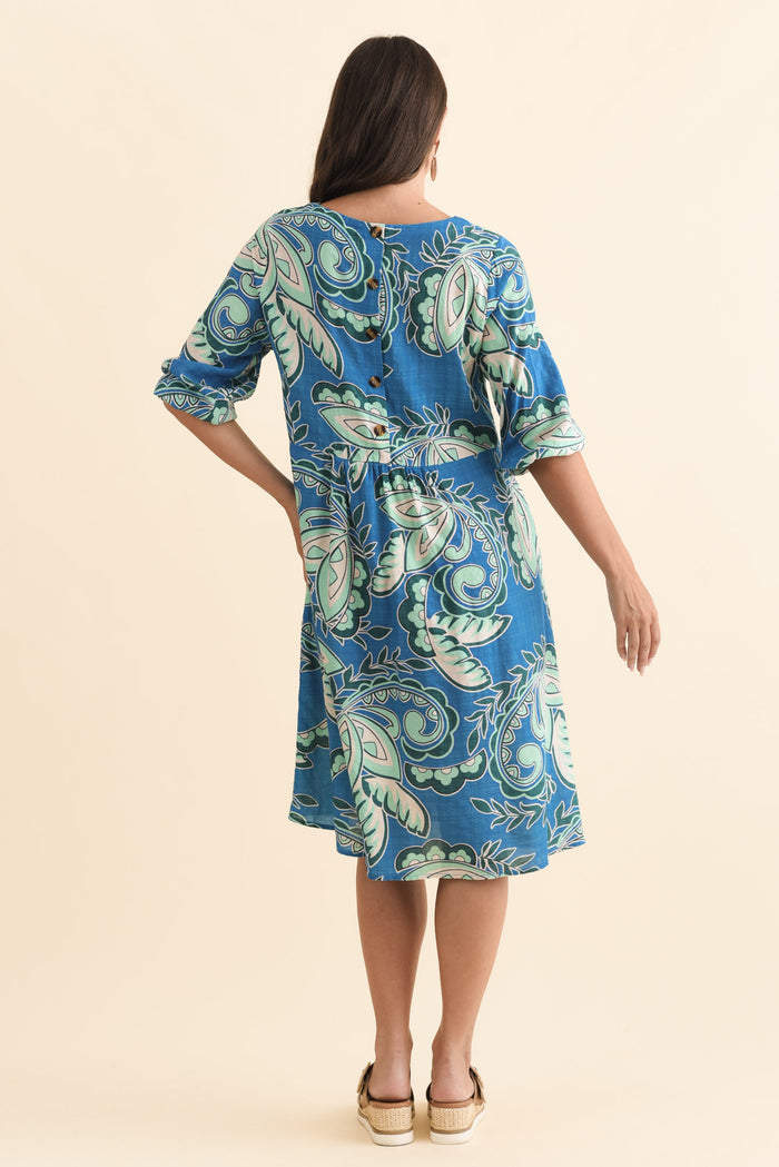 Nicolette Blue Paisley Cotton Blend Sleeved Dress,Brunette model,alt text|model:MJ