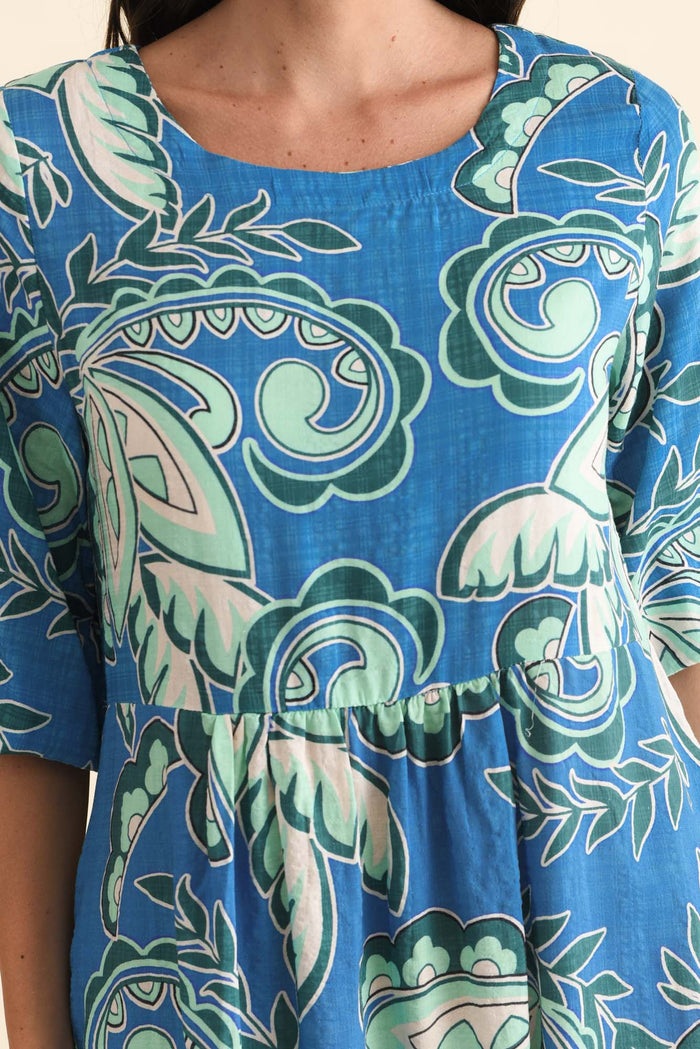 Nicolette Blue Paisley Cotton Blend Sleeved Dress,Brunette model,alt text|model:MJ