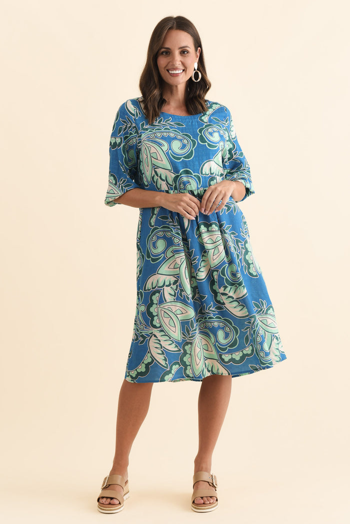 Nicolette Blue Paisley Cotton Blend Sleeved Dress,Brunette model,alt text|model:MJ