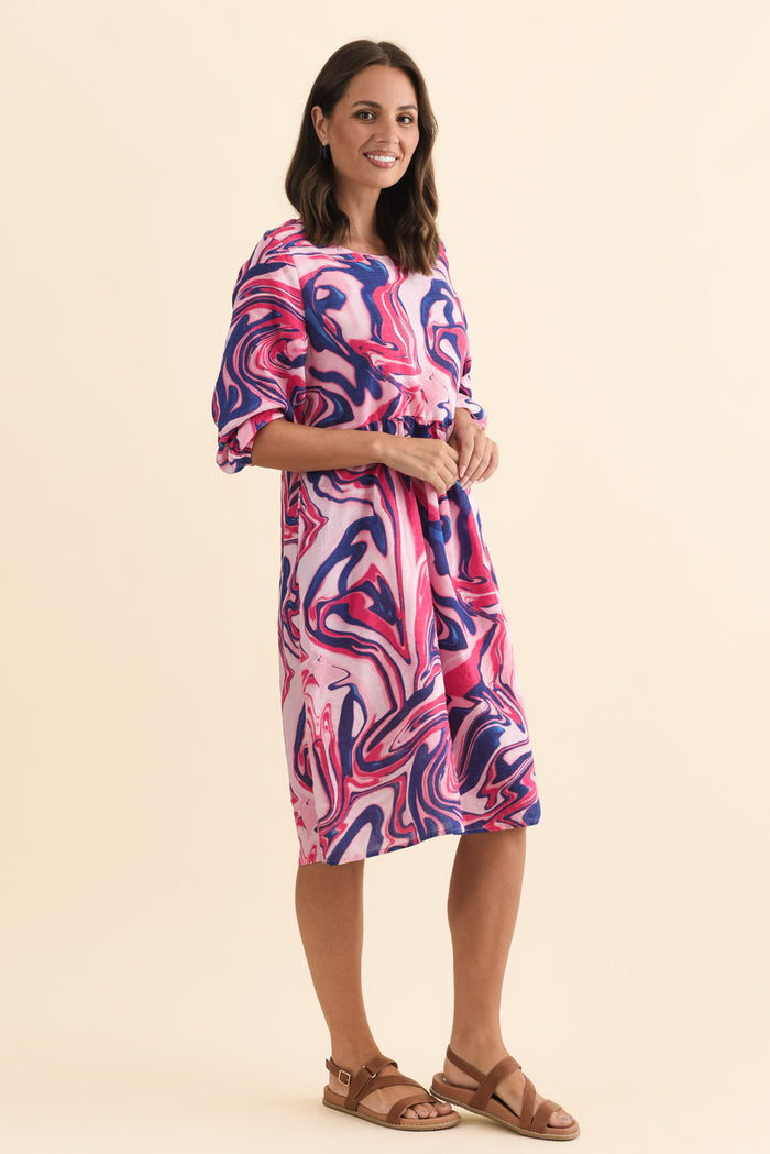 Nicolette Fuchsia Swirl Cotton Blend Sleeved Dress,Brunette model,alt text|model:MJ
