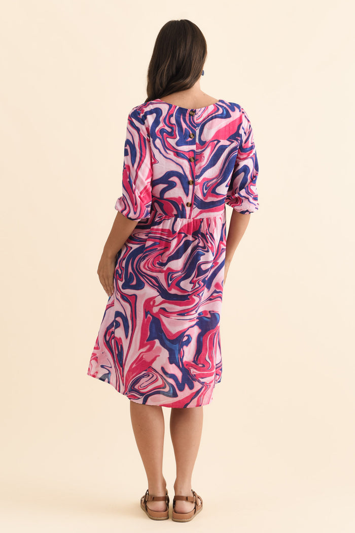 Nicolette Fuchsia Swirl Cotton Blend Sleeved Dress,Brunette model,alt text|model:MJ