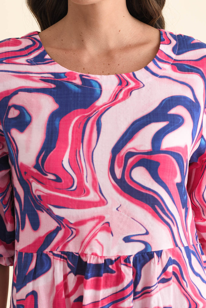 Nicolette Fuchsia Swirl Cotton Blend Sleeved Dress,Brunette model,alt text|model:MJ