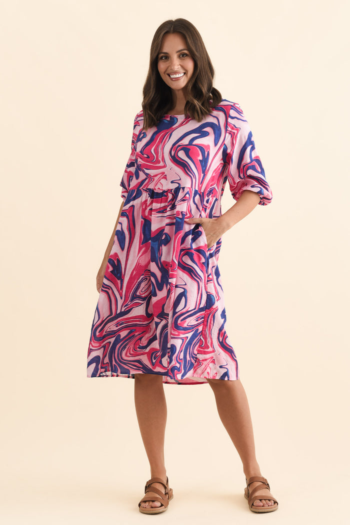 Nicolette Fuchsia Swirl Cotton Blend Sleeved Dress,Brunette model,alt text|model:MJ