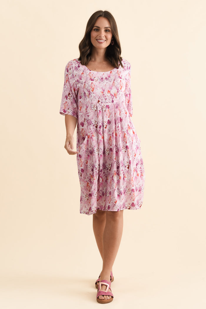 Nina Pink Abstract Pocket Dress,Brunette model,alt text|model:MJ