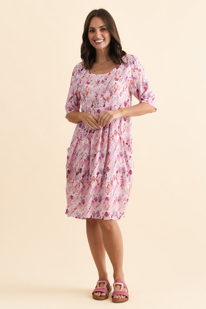 Nina Pink Abstract Pocket Dress,Brunette model,alt text|model:MJ