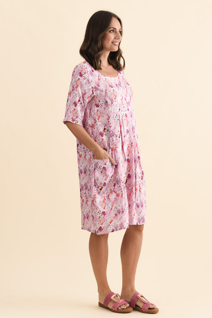 Nina Pink Abstract Pocket Dress,Brunette model,alt text|model:MJ