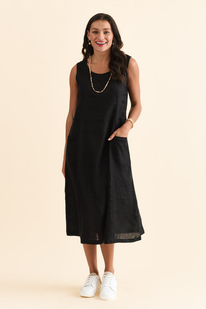 Noah Black Linen Pocket Dress,Brunette model,alt text|model:Brontie