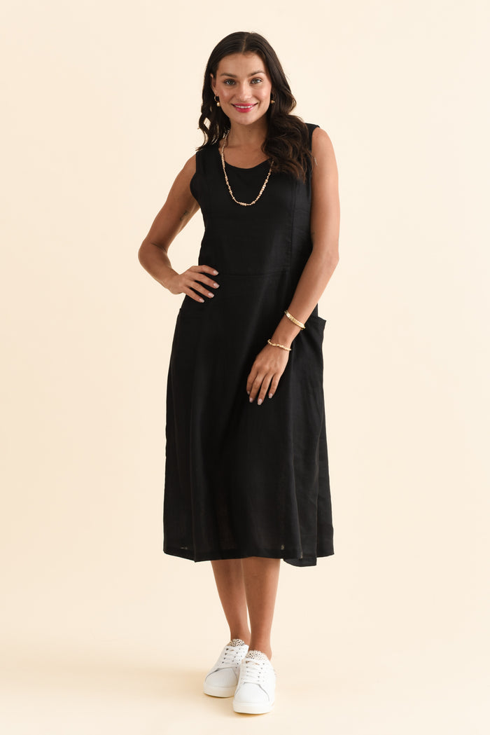 Noah Black Linen Pocket Dress,Brunette model,alt text|model:Brontie