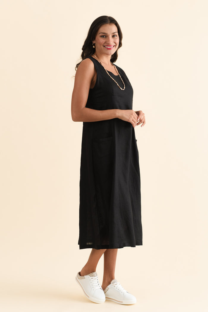 Noah Black Linen Pocket Dress,Brunette model,alt text|model:Brontie