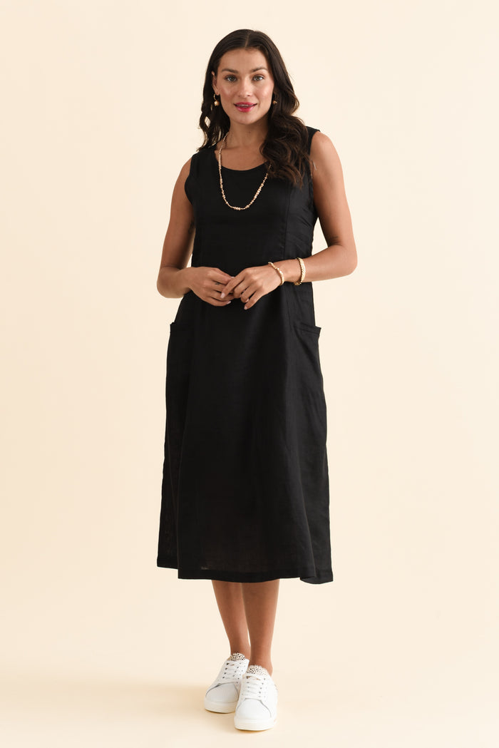 Noah Black Linen Pocket Dress,Brunette model,alt text|model:Brontie
