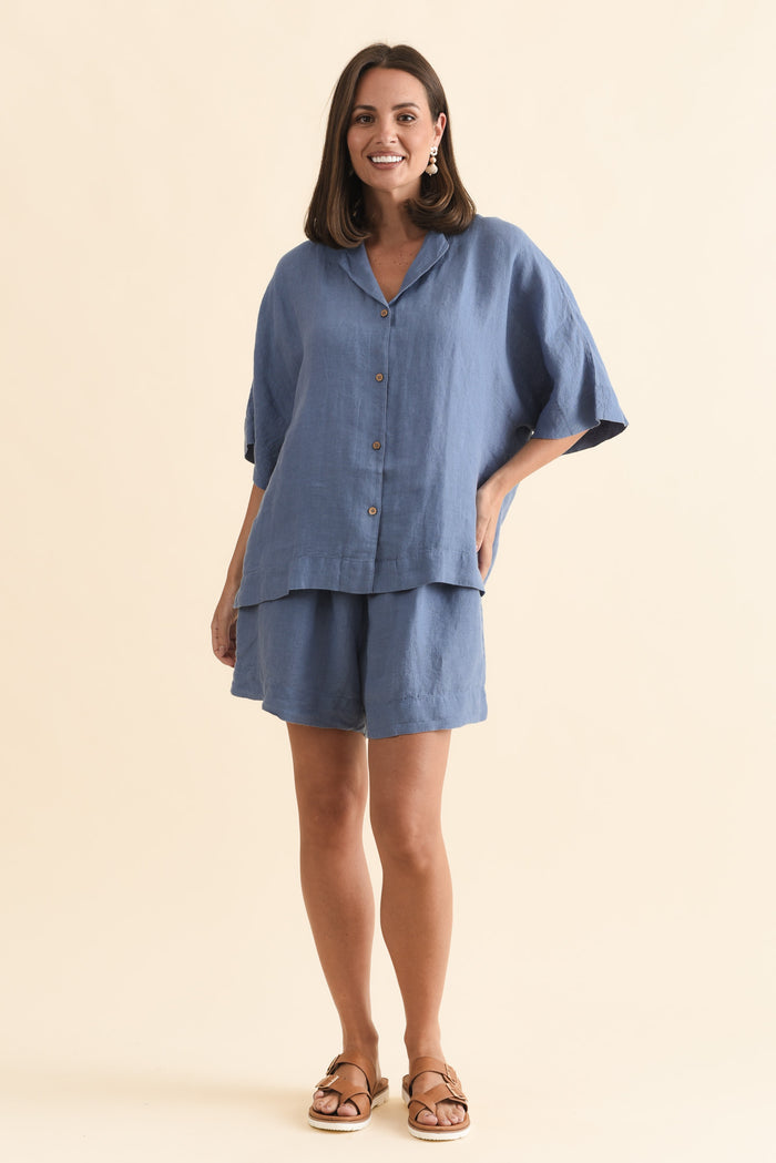 Noemi Steel Linen Shirt,Brunette model,alt text|model:MJ