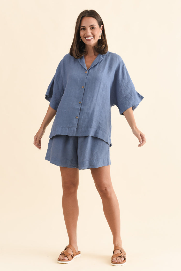 Noemi Steel Linen Shirt,Brunette model,alt text|model:MJ